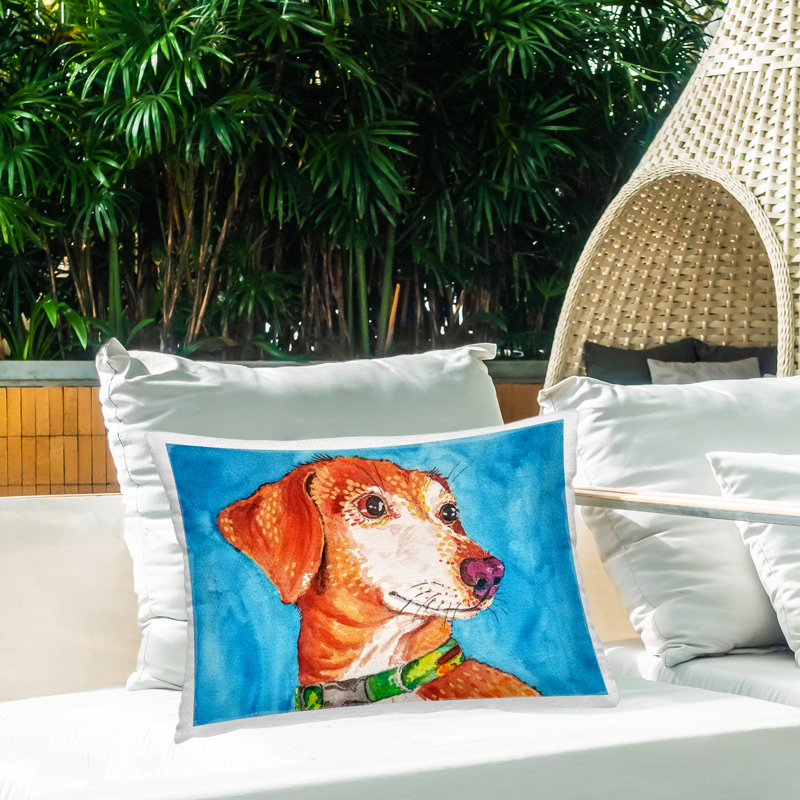 Coussin d'extérieur «Bold Orange Dog on Blue» imprimé par Tatiana Roberts