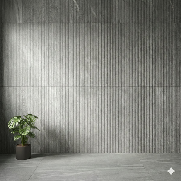 Genuine Carrara Marble Tiles In A Gray Hue, Sized 12 By 24 Inches, For Use On Walls. The Surface Features A Textured Finish And An Embossed, Three-Dimensional Fluted Design. This Is An Authentic Natural Stone Product. A Single Box Holds Four Tiles.