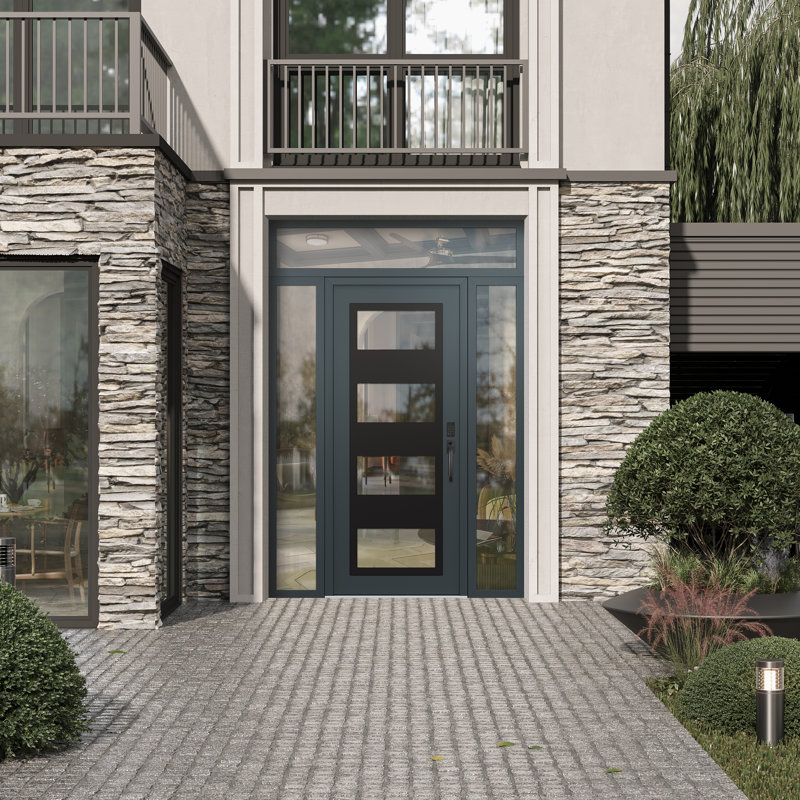 Panneau d'entrée en acier noir anthracite / anthracite avec 2 panneaux latéraux et porte d'entrée pré-montée traverse, Gauche