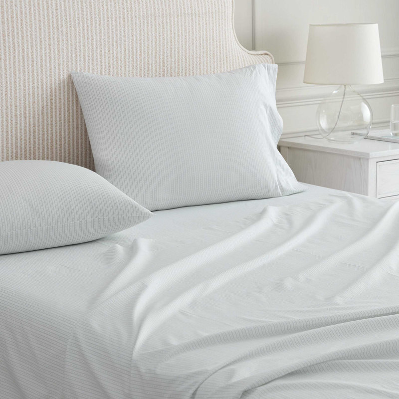 Martha Stewart Cotton Percale  Sheet Set, King Sheet Set with 2 Pillowcases, Dottie Stripe Green