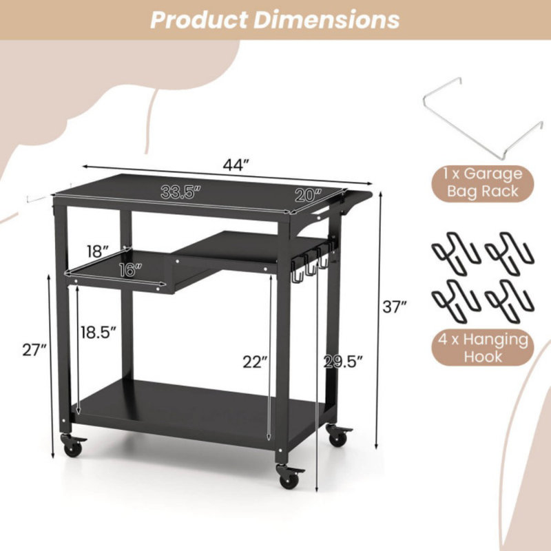 Rolling Grill Cart 3-Shelf BBQ Cart With Hooks And Side Handle