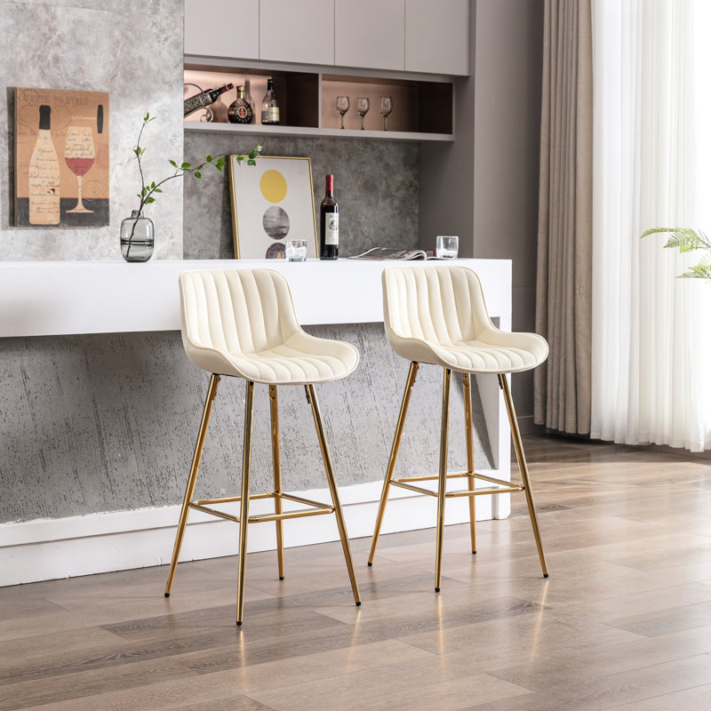 De 2 tabourets de bar de 30 po, tabouret de comptoir en velours crème, pieds dorés, repose-pieds, chaise conventionnelle rembourrée de mousse