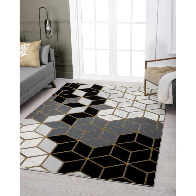 Tapis noir à motifs géométriques, Rectangle 7 pi 10 po x 10 pi