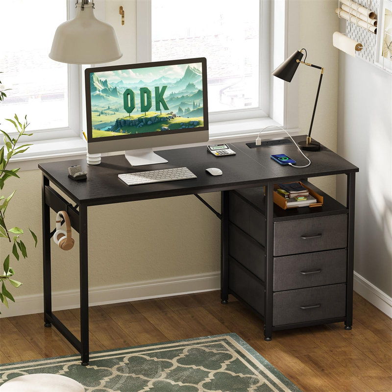 Metal Base Computer Desk with Power Outlet, Black