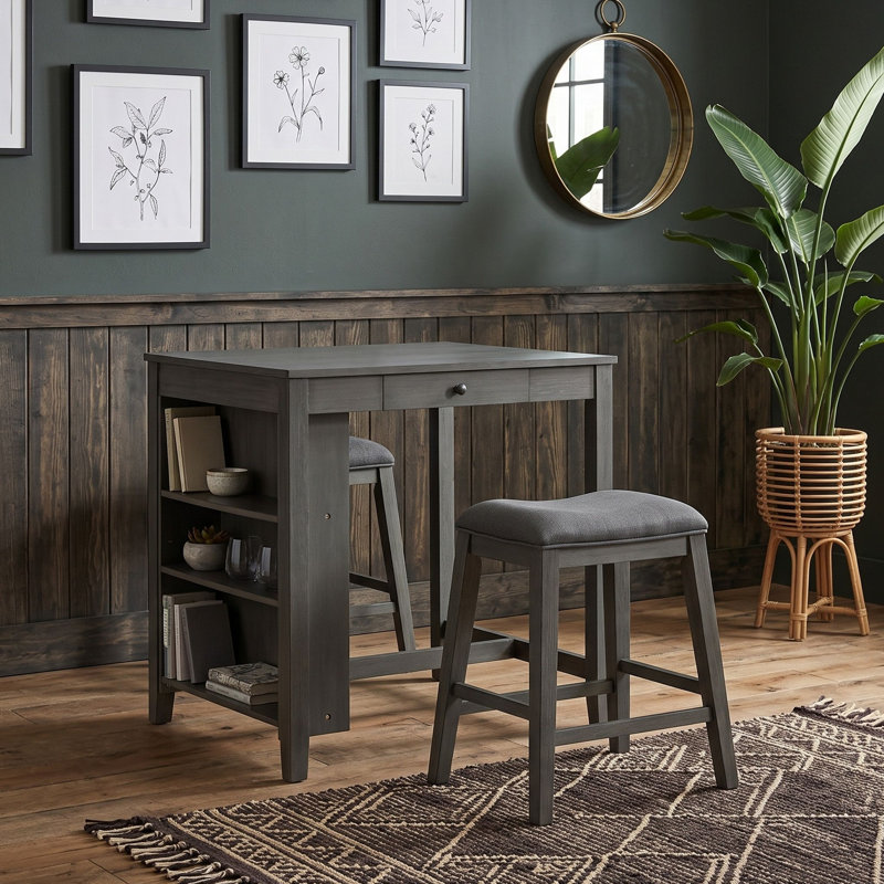 Ensemble de table de bar moderne avec prise de courant intégrée, tiroirs latéraux, tablettes de présentation et tabourets