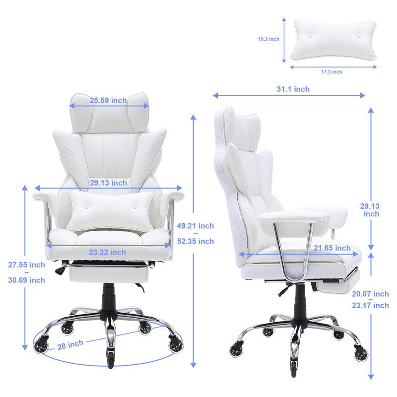 Chaise de bureau inclinable avec repose-pieds, chaise de bureau large en cuir PU robuste, grandes et hautes chaises de bureau de direction avec support lombaire, roues en métal à base solide et silencieuses, blanc