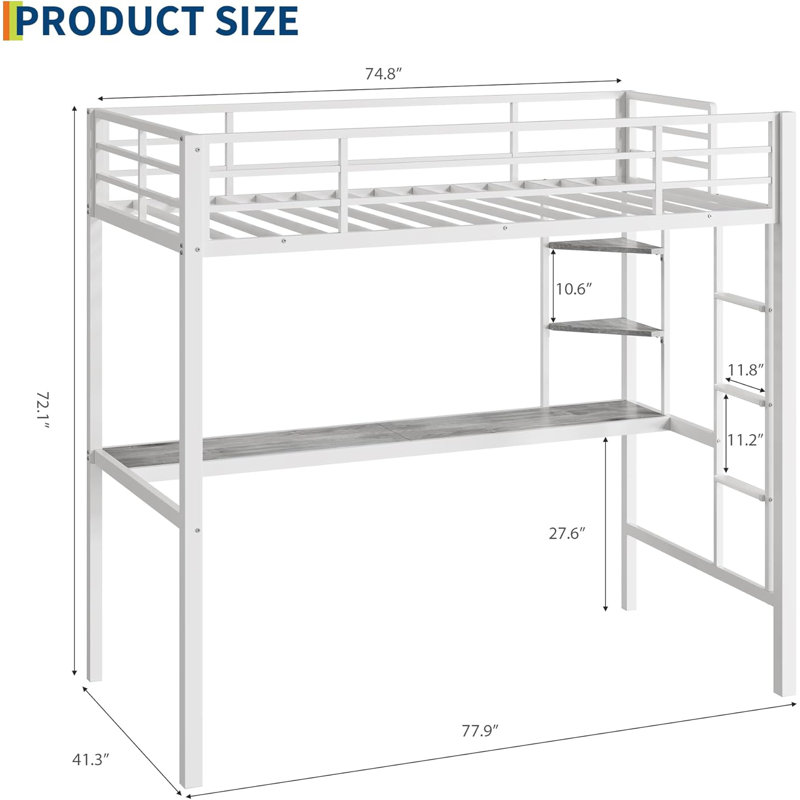 Twin Loft Bed with Desk & Storage Shelves, Heavy Duty Metal Frame, Space Saving, White/Gray, White/Gray