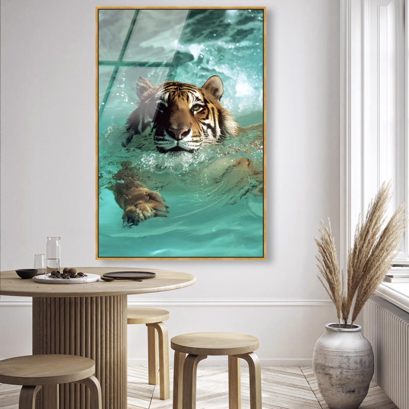 Oliver Gal Feline Pool Dip Animals - Framed Acrylic Glass Wall Art, Black, 24" H x 16" W