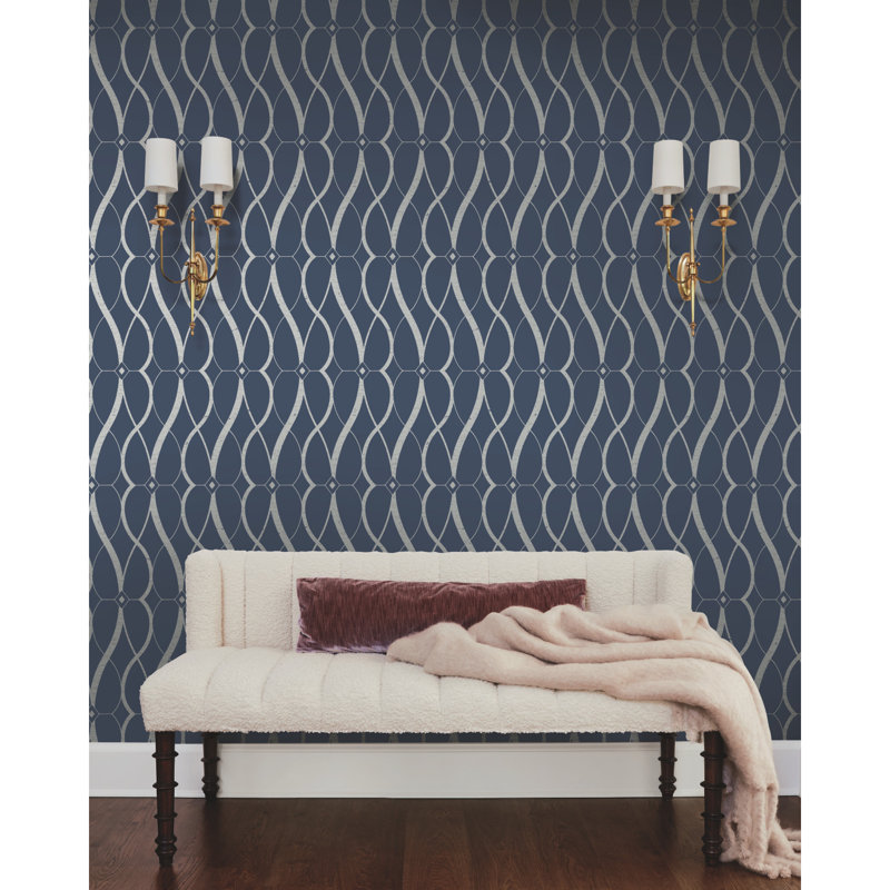 Graceful Geo Geometric Metallic Wallpaper Roll, Navy/Silver