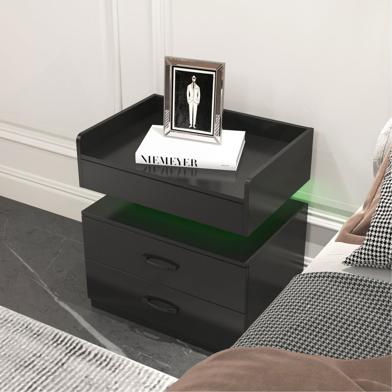 Table de chevet réglable à DEL avec 2 tiroirs, grand rangement, conception polyvalente pour les maisons modernes, Noir