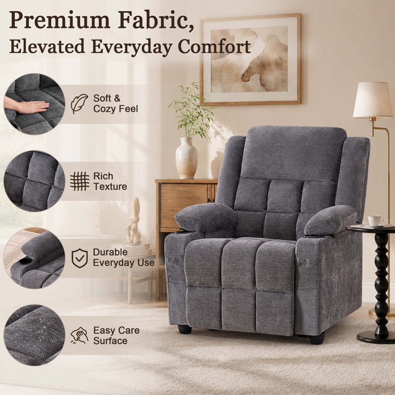 Fauteuil inclinable électrique avec deux porte-gobelets, poche de rangement latérale, revêtement en chenille douce, fauteuil de cinéma électrique réglable pour salon et chambre, gris
