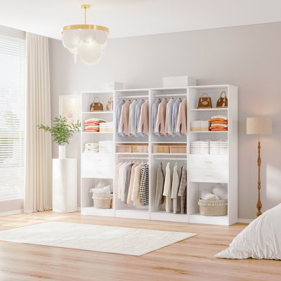 4-piece Set: 99.2"w Wardrobe Storage System With 4 Wooden Drawers, Adjustable Shelves And Hanging Rod