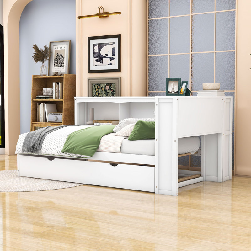 Lit de jour simple en bois avec compartiment de rangement intégré, lit gigogne simple et station de charge, Blanc