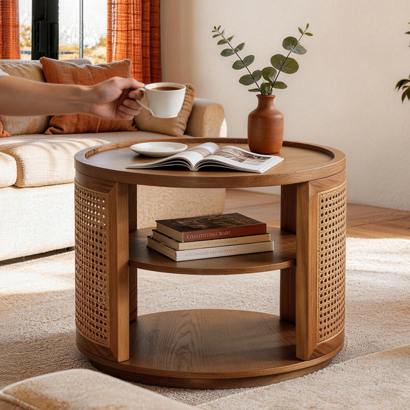 19.7'' Vintage Round Rattan Solid Brown Walnut Wood Side Table With 2 Tier Storage Farmhouse For Living Room&bedroom
