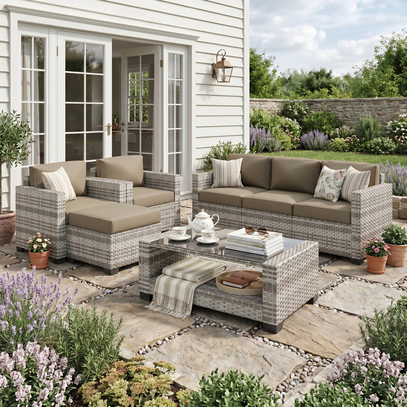 Ensemble de conversation pour patio 7 pièces en osier avec coussins et table basse, Gris / Kaki
