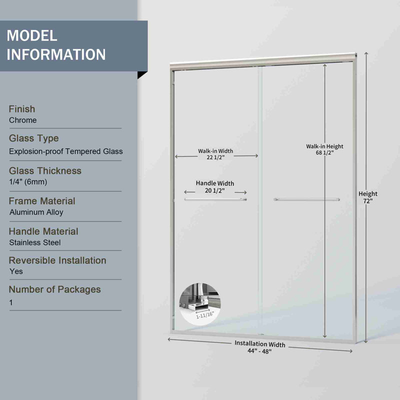 72''H Double Sliding Shower Door, Chrome