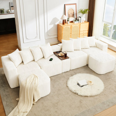 Canapé en U de 137,5 po, charge USB et sans fil, table basse avec porte-gobelet, canapé modulaire surdimensionné et mobile, repose-pieds mobile, sans assemblage, 6 sièges, velours côtelé