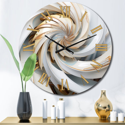 Whirling While Glam Fractals In Gold And White Metal Wall Clock