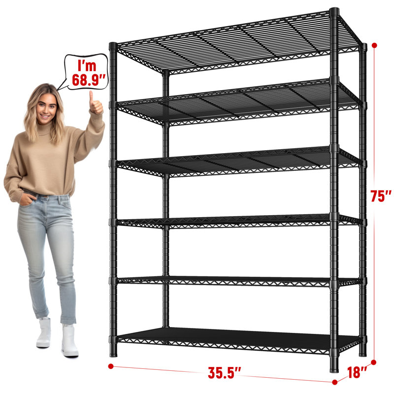 Étagère de rangement à 6 niveaux, étagère de rangement, tablette de cuisine ajustable, H 75 po x l 35 po x P 18 po