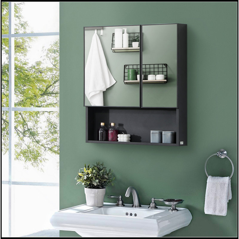 High-Quality Wall-Mounted Medicine Cabinet, Bathroom Mirror Cabinet With Double Doors And Storage Shelves, Black