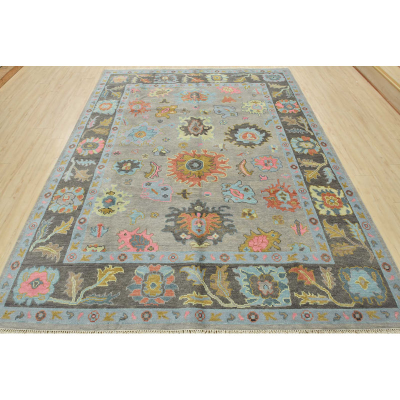 Tapis gris en laine noué à la main de conception unique 8 pi 1 po x 10 pi 1 po