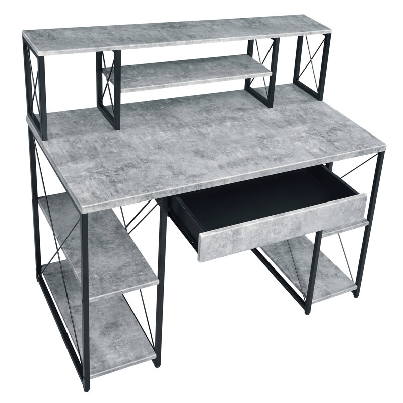 Bureau gris et noir avec tablettes du haut, tablettes ouvertes et tiroirs de rangement, Grey Concrete/Black