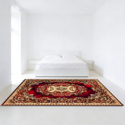 Ornate Red And Gold Area Rug, Soft And Lightweight, Suitable For All Seasons, Easy To Maintain And Easy To Clean, Machine Washable Carpet Floor Mat, Suitable For Living Room, Bedroom, Hallway, Balcony, Patio, Room Decor, Home Decor, Outdoor Decor