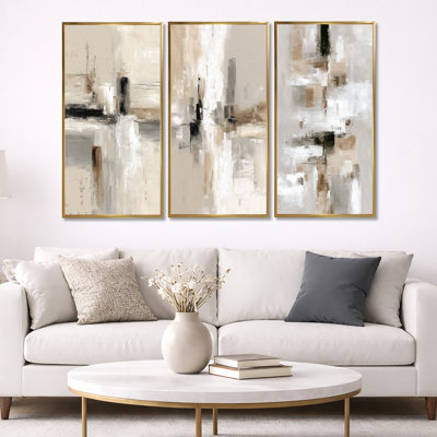 «Brown and Black Brushstroke Abstract Paint II», ensemble de 3 reproductions d'art sur toile encadrées