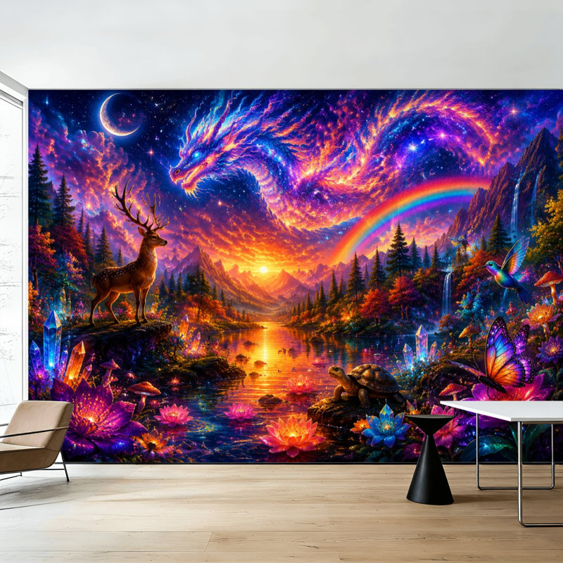 Papier peint adhésif pelez et collez, paysage de forêt coloré, cascade, cerf, arc-en-ciel, art mural auto-adhésif et amovible