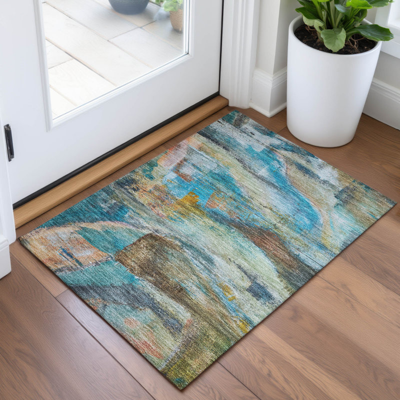 Tapis bleu sarcelle lavable à la machine intérieur / extérieur Xhevrie, Rectangle 1 pi 8 po x 2 pi 6 po