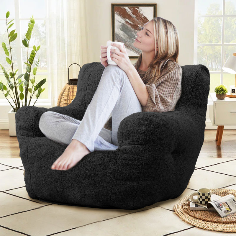 Compression Medium Adult Soft Teddy Fabric Bean Bag Chair With Foam Filled, Dark Gray Faux Fur