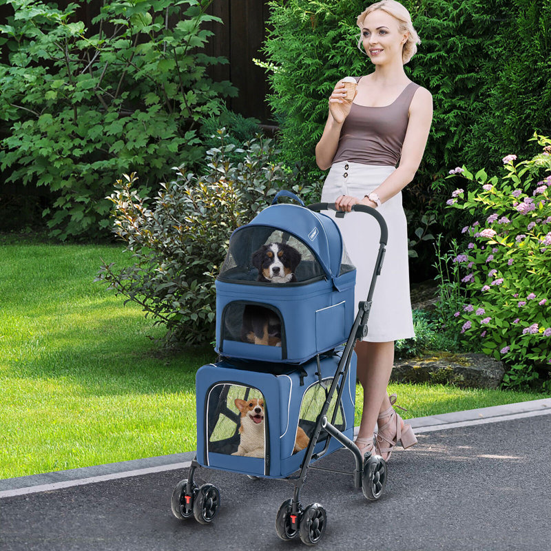 Poussette double pour 2 chiens ou chats avec 2 ceintures de sécurité amovibles bleu, Bleu