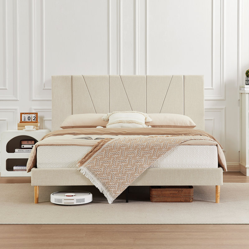Jadel Upholstered Platform Bed Frame with Complete Headboard, Queen, Beige/Brown