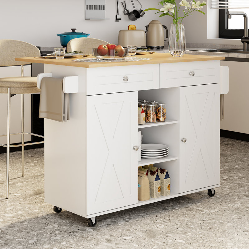 42.5" Kitchen Island With Large Storage Cabinets And Drawers, White