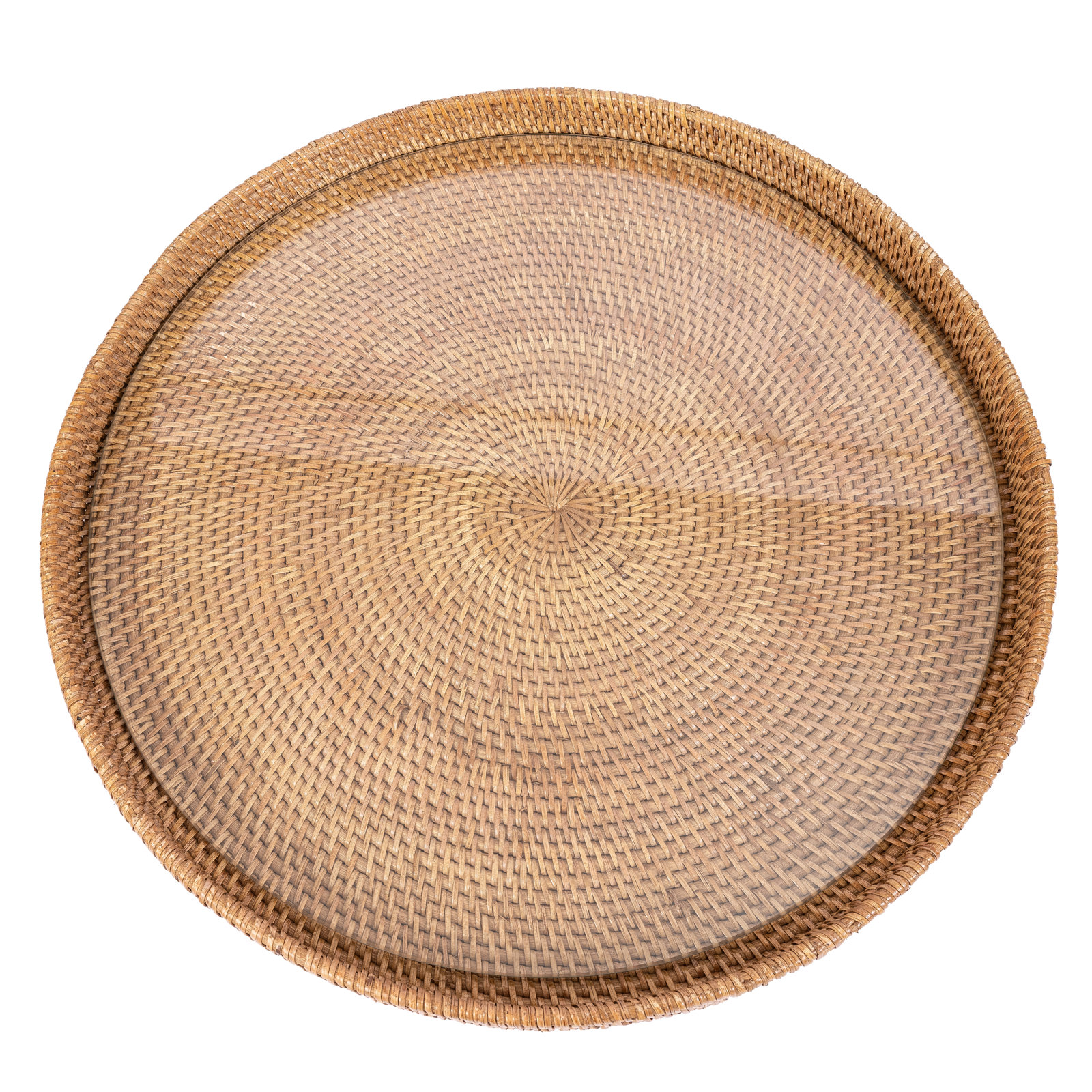 Round Serving-ottoman Tray with Glass Insert, 19" W x 19" D x 1.5" H, Honey Brown