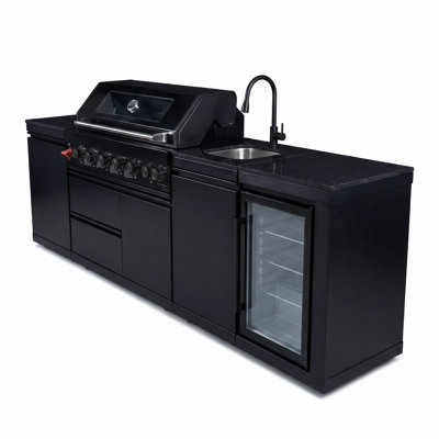 Îlot de cuisine extérieur Îlot de barbecue extérieur Îlot de barbecue extérieur Station de gril de cuisine extérieure en acier inoxydable 304 de 304 pouces de qualité marine à 6 brûleurs de 85 000 BTU avec refroidisseur à vin, comptoir compact en marbre et évier en acier inoxydable
