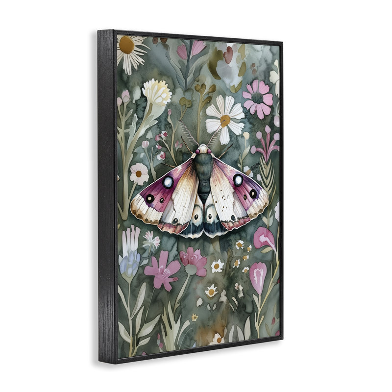 «Beautiful Moth over Florals», estampe numérique, design par The Dutch Lady, H 18 po x l 12 po, Giclée encadrée noir minuit