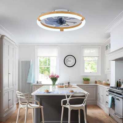 Ventilateur de plafond encastré de 50 cm (20 po) avec lumière DEL et télécommande, intensité variable de 3 000 à 6 500 K, moteur CC silencieux à 6 vitesses, flux d’air réversible pour chambre, cuisine et salon (blanc mat et bois naturel)