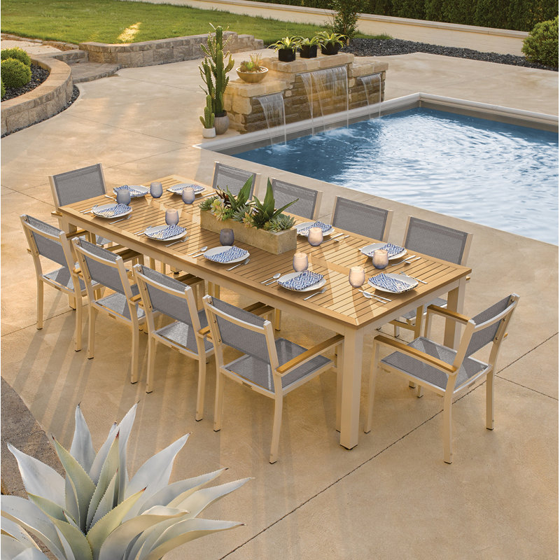 Travira Stacking Patio Arm Chair, Tekwood Natural, Flint, Titanium Basketweave