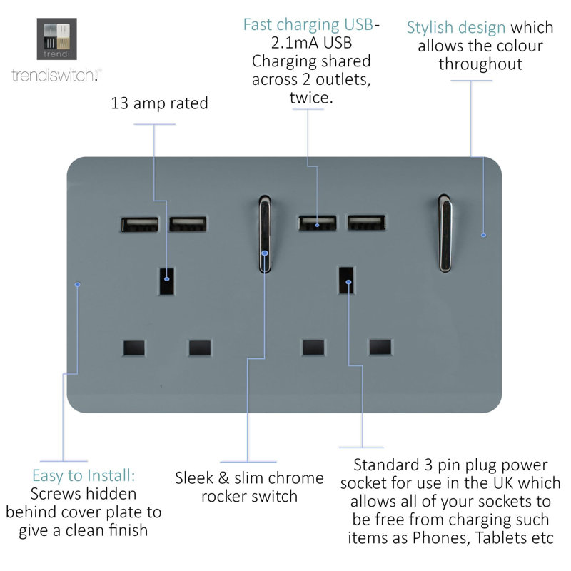 Trendi Switch 2 Gang 4 Port USB 2100mA Plug Socket, Cool Grey