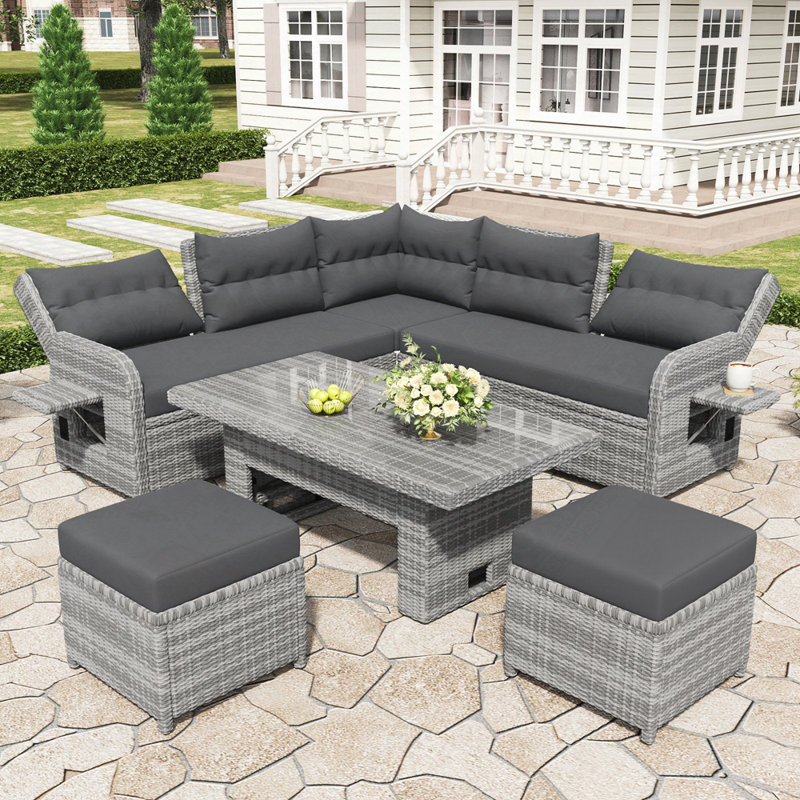 Patio Rattan Furniture Set with an Adjustable Table, Recliners with Extendable Side Tables
