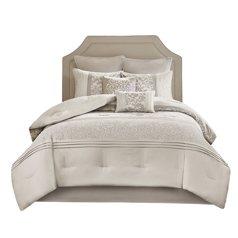 Édredon 8 pièces pour grand lit - édredon brodé, microfibre, taies décoratives, lavable à la machine
