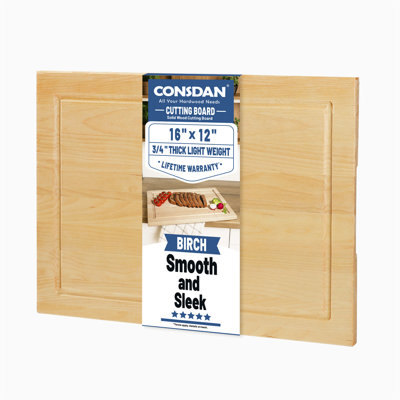 CONSDAN Wood Cutting Board for Kitchen, 16 x 12, Soild Birch Wood, Edge Grain, Chopping Board, Butcher Block with Juice Groove, Prefinished with Food-Safe Oil, 3/4'' Thick