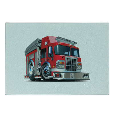 Ambesonne Truck Tempered Glass Cutting Board Cartoon Style Illustration Pale Grey Red