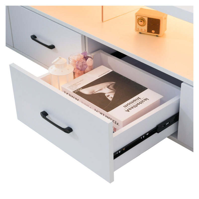  Meuble télé 4 tiroirs pour téléviseur de 80 po ou moins avec meuble télé blanc et porte d'armoire pour rangement dans le salon moderne