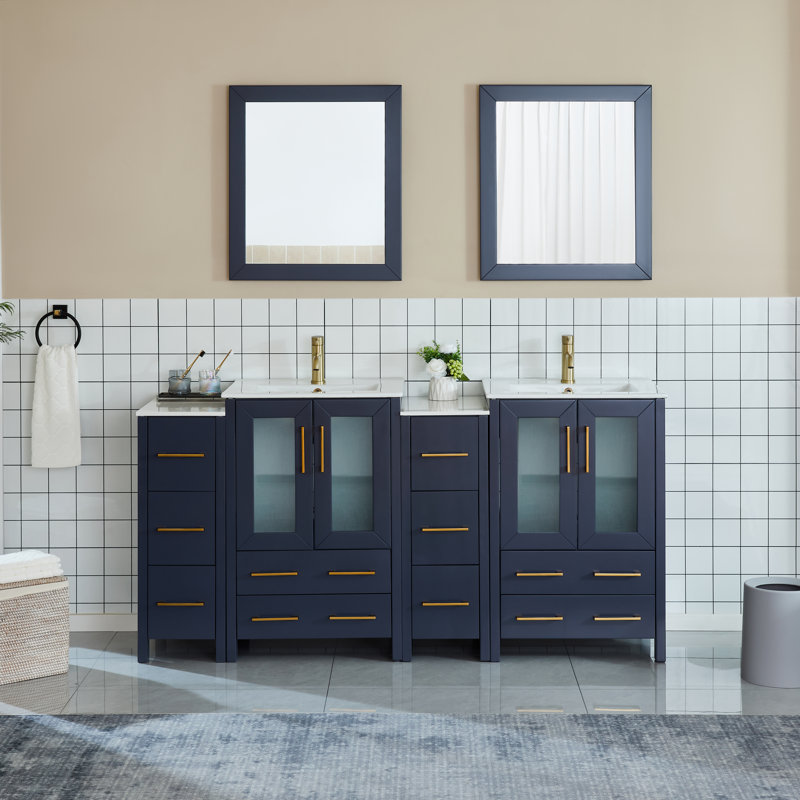  Meuble-lavabo autoportant moderne à double cuve 72 po avec plateau en céramique et miroirs assortis, Bleu