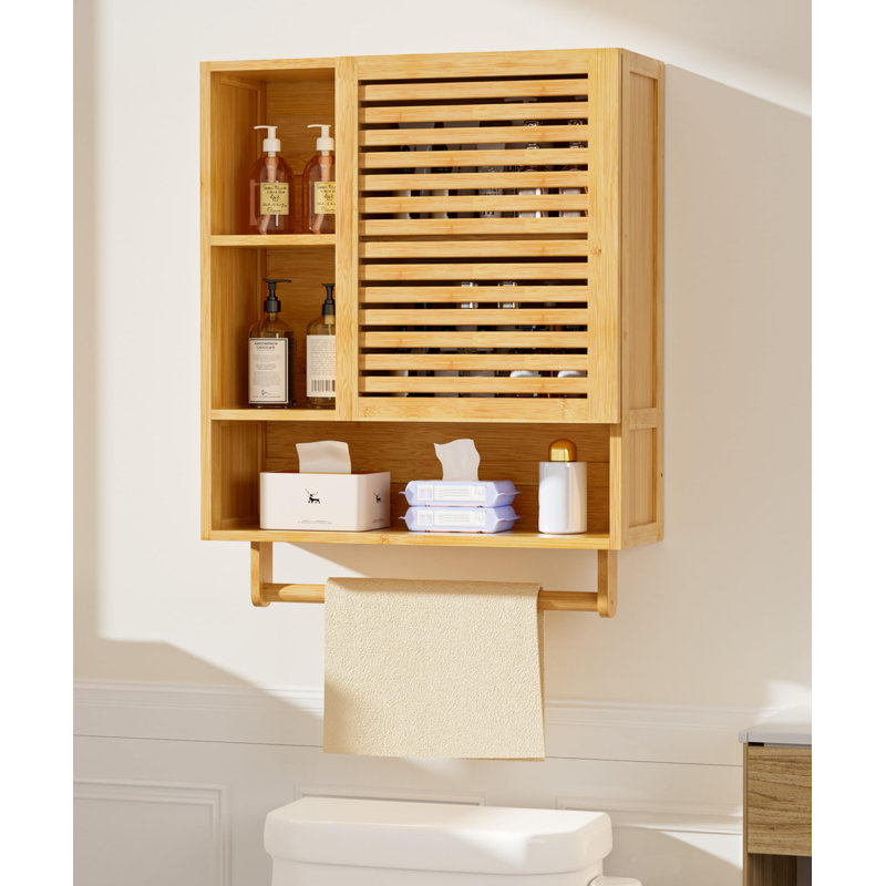 Bamboo Bathroom Cabinet Wall With Towels Bar, Brown