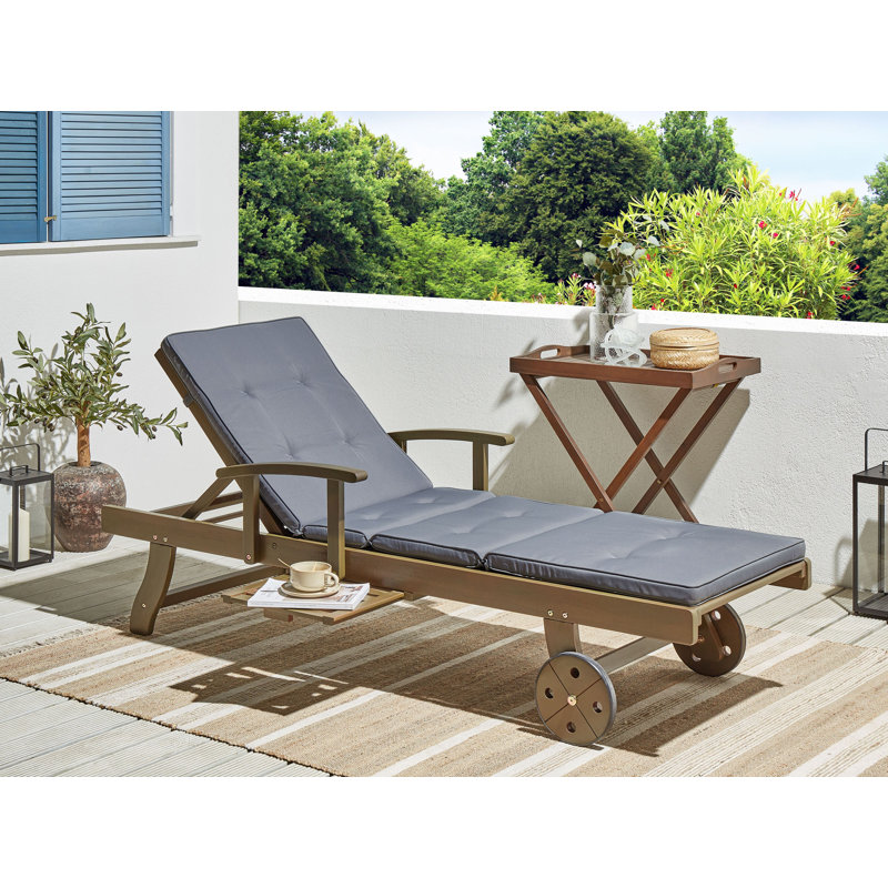 Kenneth 196cm Long Reclining Acacia Single Chaise with Cushions, Grey