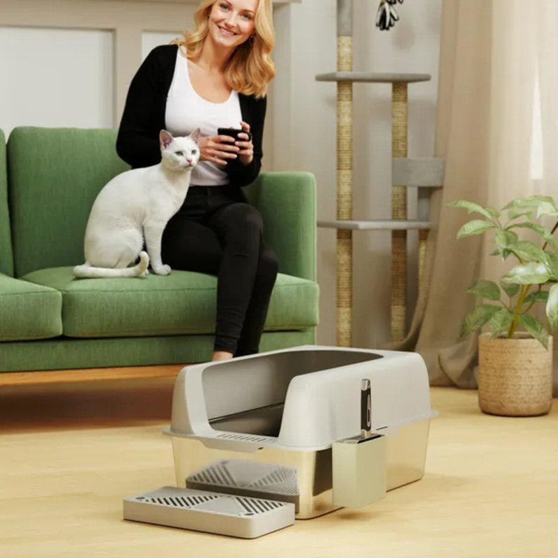 Bac à litière pour chat en acier inoxydable avec pelle et support