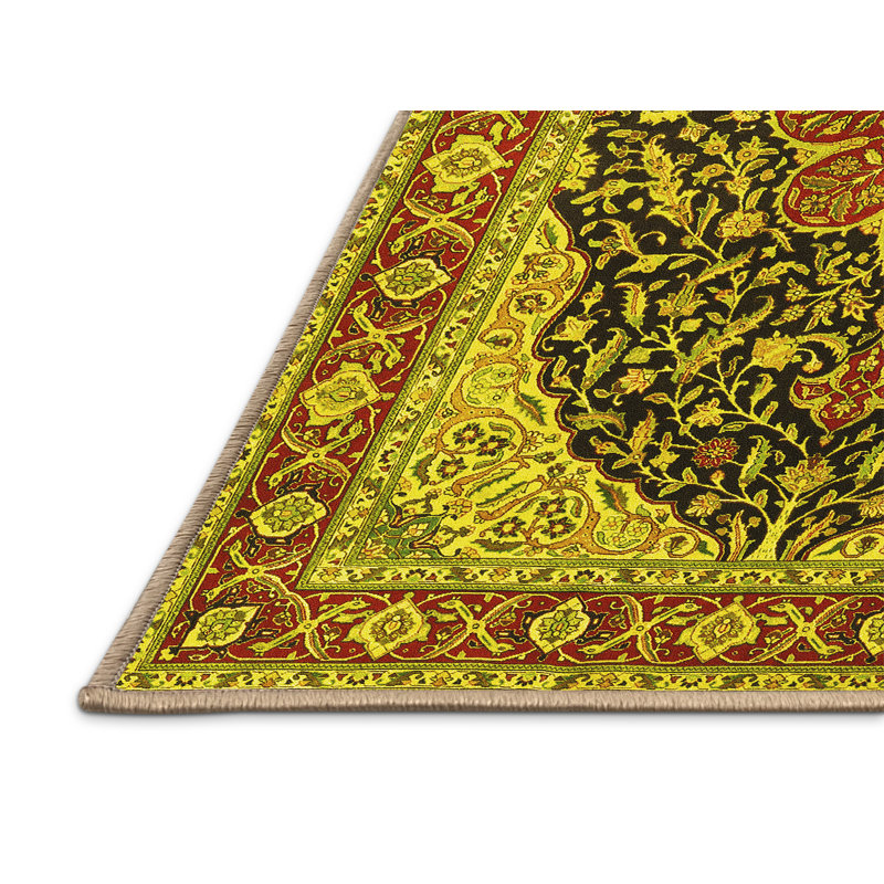 Tapis traditionnels jaunes lavables à la machine 1052, Rectangle 5 pi x 7 pi